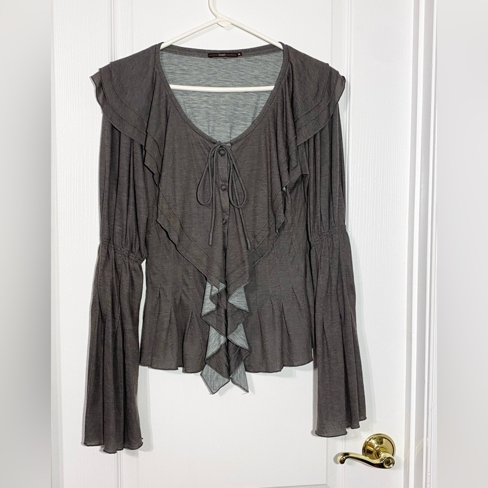 Anthro Hazel Ruched Bell Sleeve Ruffle Trim Button Front Blouse Taupe Medium